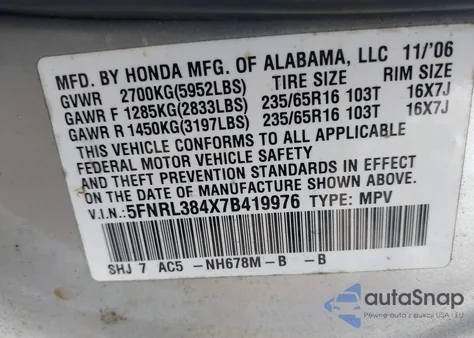 2007 Honda Odyssey Ex from USA, damaged, VIN 5FNRL384X7B419976
